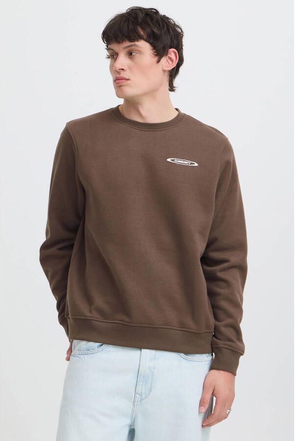 Blend regular fit sweater met backprint donkerbruin