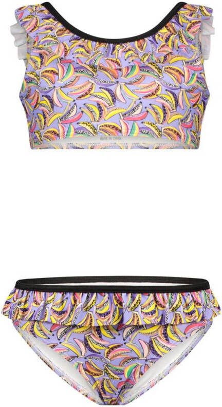 B.Nosy crop bikini met all over print en ruches paars geel roze