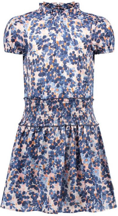 B.Nosy gebloemde jurk blauw oranje beige