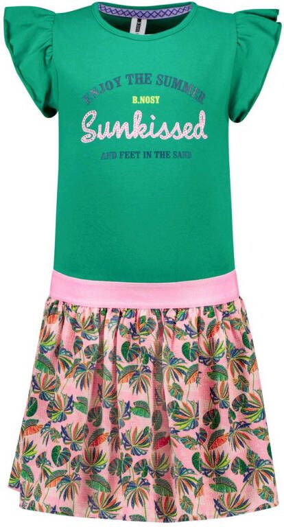 B.Nosy jurk B.Sunkissed met all over print groen roze Meisjes Gerecycled polyester (duurzaam) Ronde hals 110