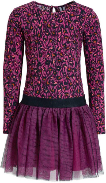B.Nosy jurk met all over print fuchsia zwart Roze Meisjes Polyester Opstaande kraag 146 152