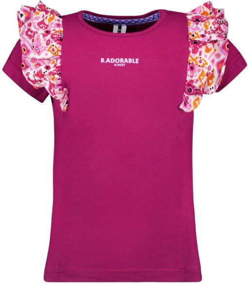B.Nosy T-shirt B.Adorable met tekst en ruches fuchsia wit Roze Meisjes Katoen Ronde hals 122 128