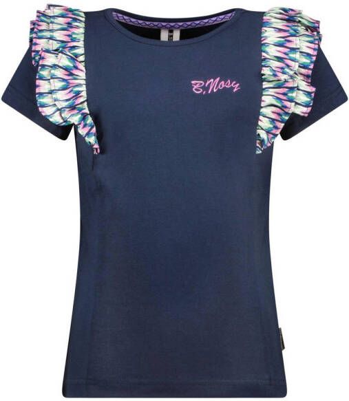 B.Nosy T-shirt B.Inspiring met ruches donkerblauw roze Meisjes Stretchkatoen Ronde hals 134 140