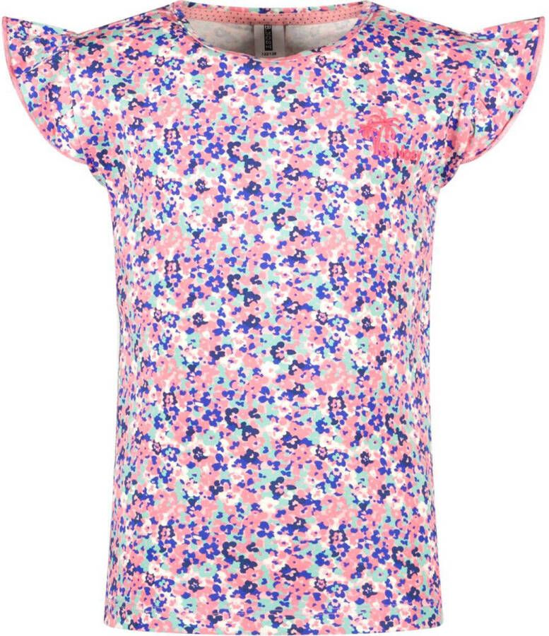 B.Nosy T-shirt met all over print en ruches roze paars Meisjes Katoen Ronde hals 146-152
