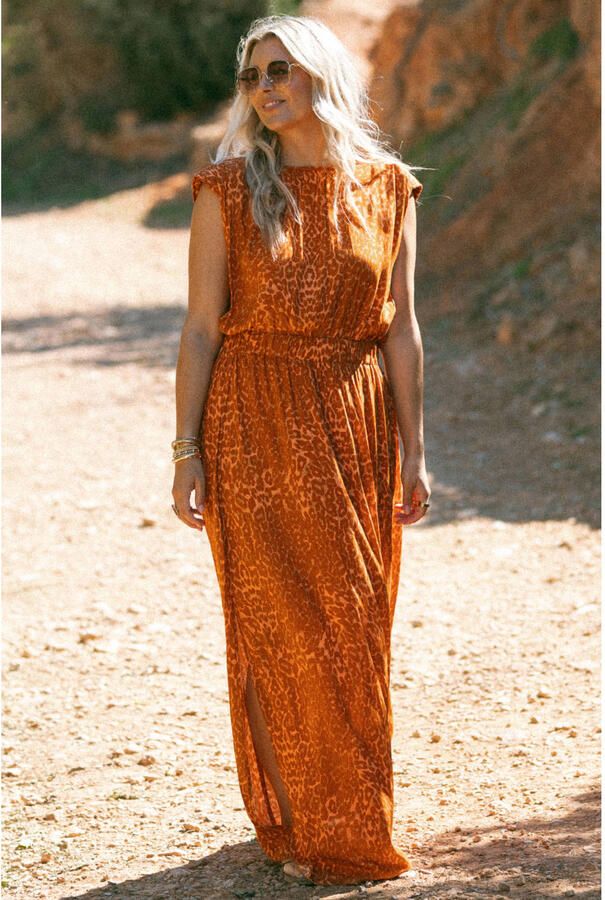 Bolina Island maxi jurk met panterprint oranje