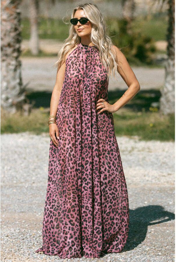 Bolina Island maxi jurk met panterprint roze