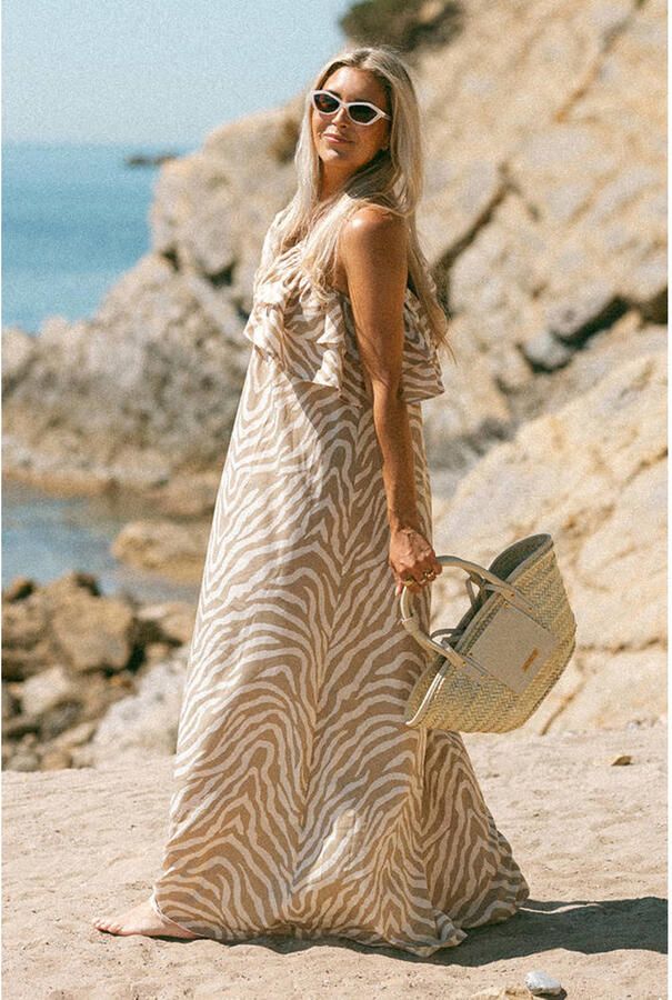 Bolina Island maxi zomerjurk met zebraprint beige