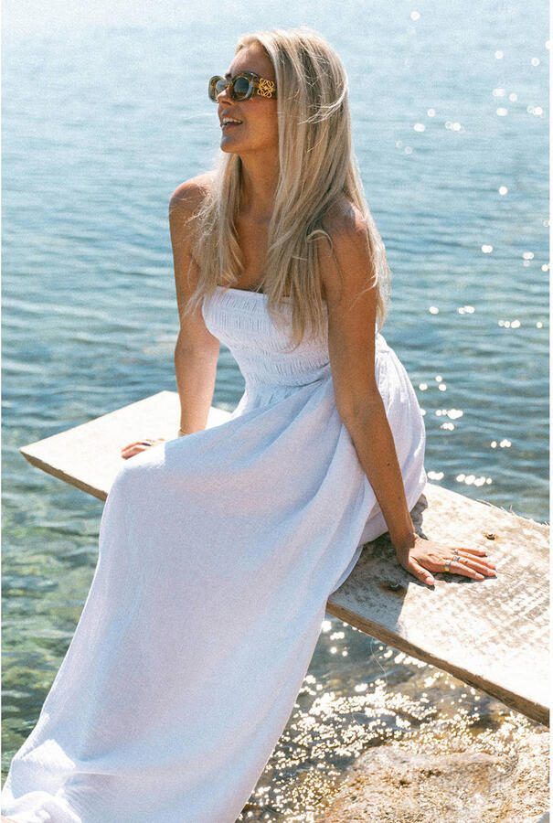 Bolina Island strapless maxijurk met smockwerk wit - Foto 2