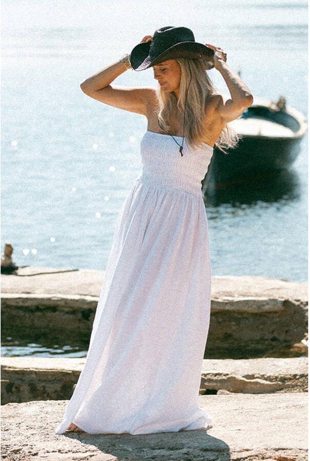Bolina Island strapless maxijurk met smockwerk wit
