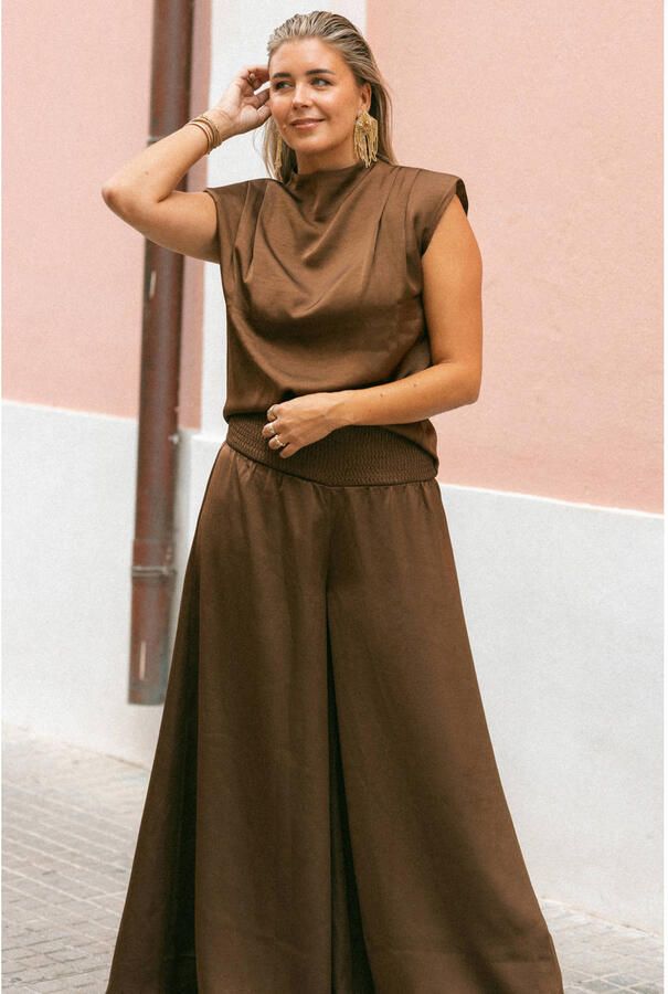 Bolina Island x Florine Hofstee satijnen wide leg broek donkerbruin - Foto 2