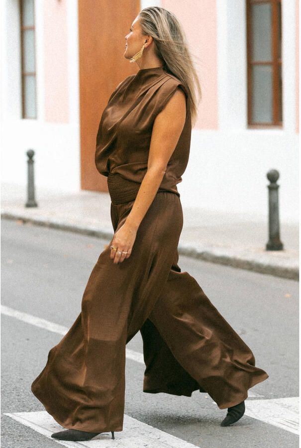 Bolina Island x Florine Hofstee satijnen wide leg broek donkerbruin - Foto 3