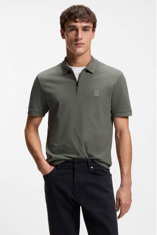 Boss Polo Shirt Korte Mouw Passerzip Half Zip Polo Open Groen