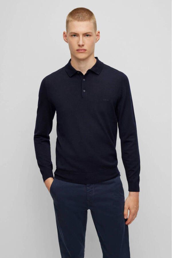 BOSS fijngebreide wollen regular fit polo Bono-L met logo dark blue