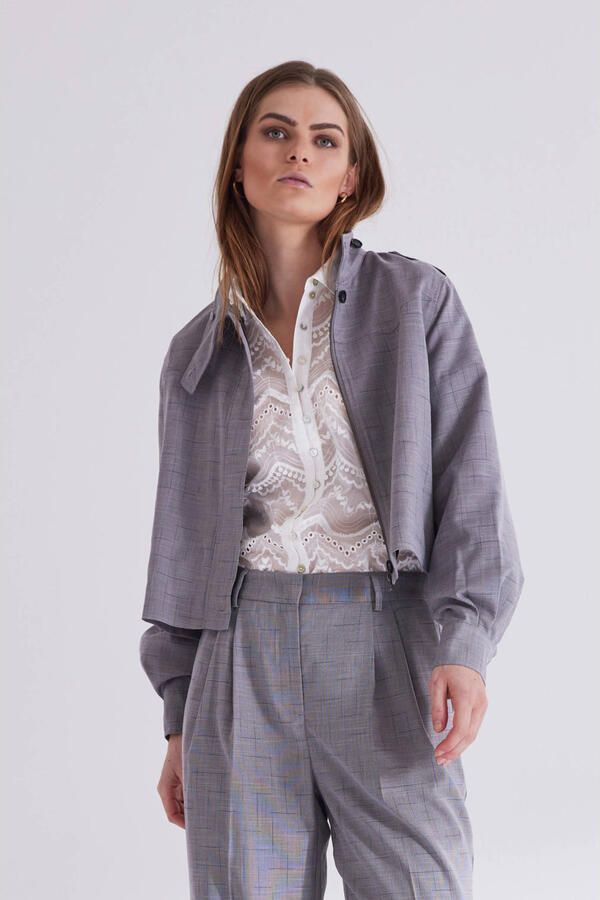 Bruuns Bazaar Moderne Grijze Geruite Jas Blazer Gray Dames