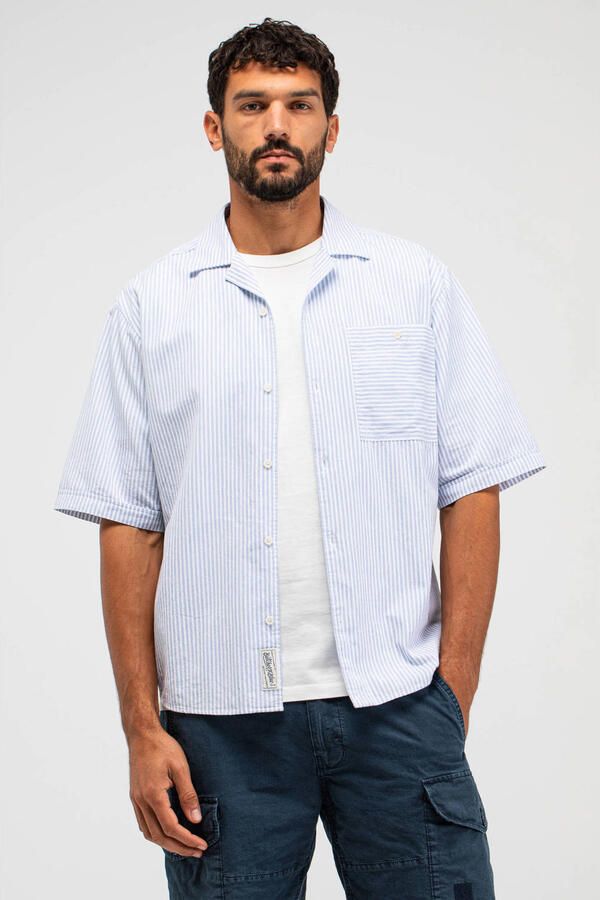 Butcher of Blue loose casual overhemd met linnen lichtblauw