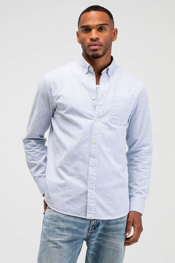 Butcher of Blue regular gestreepte casual overhemd met linnen blauw