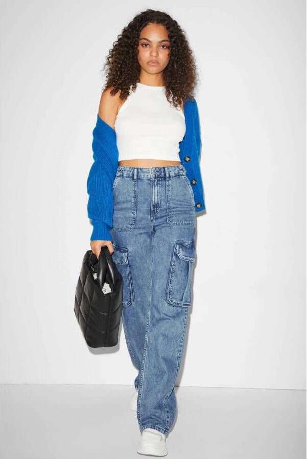 C&A Clockhouse high waist cargo jeans light blue denim