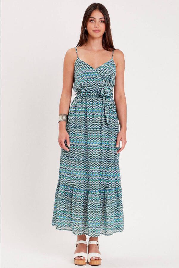 Cache maxi jurk met all over print en volant donkerblauw turquoise