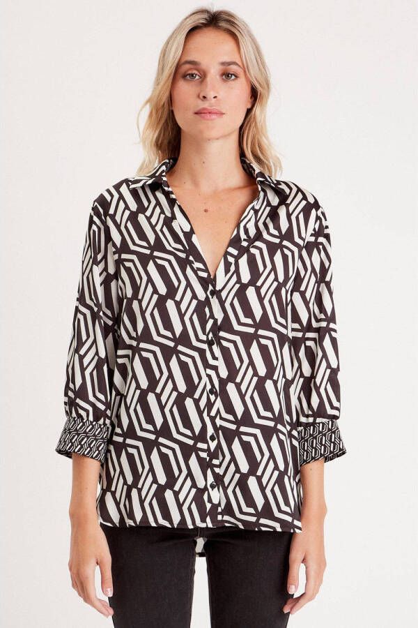 Cache blouse met grafische print ecru zwart