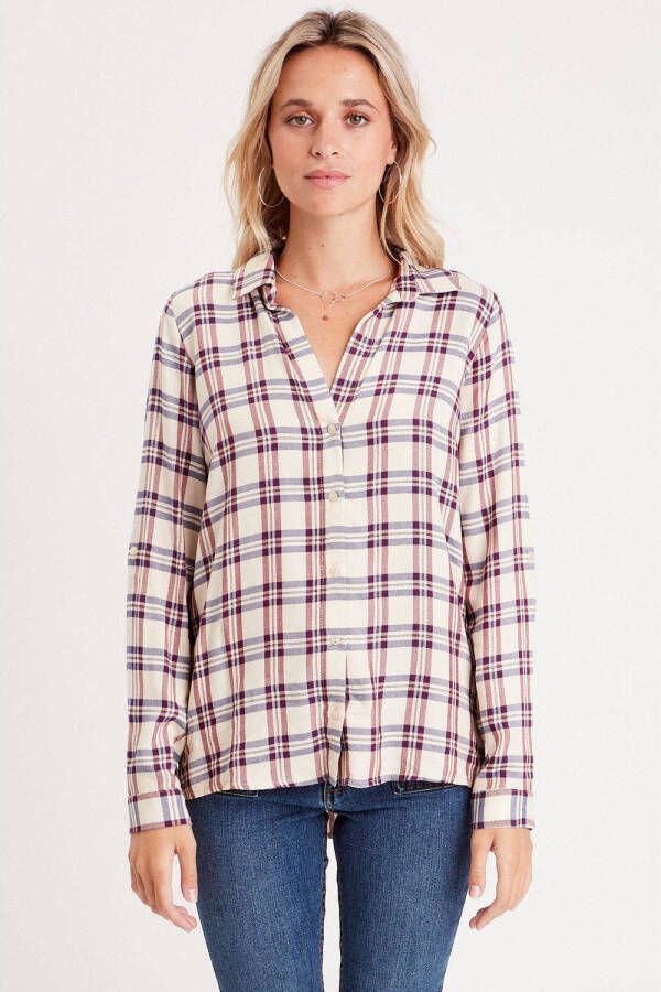 Cache geruite blouse ecru paars
