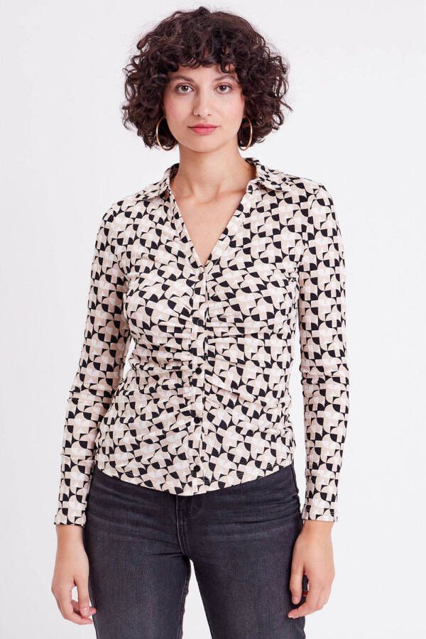Cache blouse met grafische print en plooien beige zwart