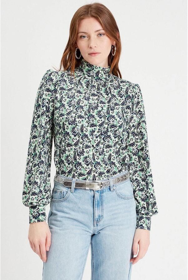 Cache blousetop met all over print en open detail donkerblauw groen ecru