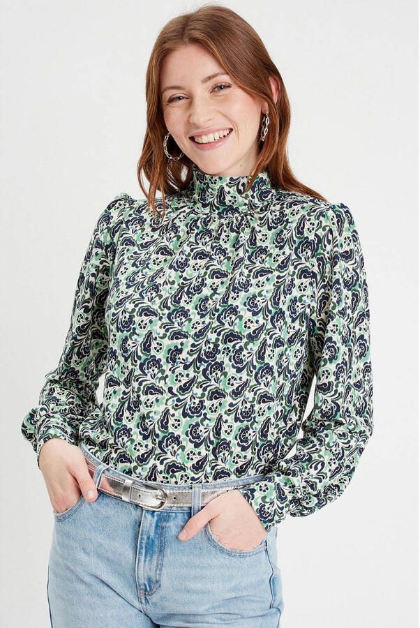 Cache blousetop met all over print en open detail donkerblauw groen ecru - Foto 2