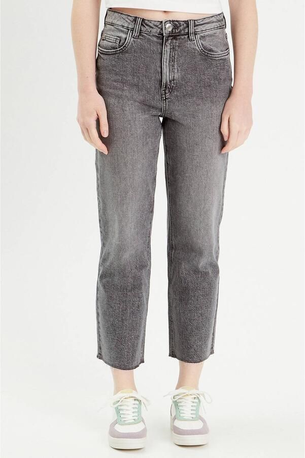 Cache cropped high waist straight jeans grey