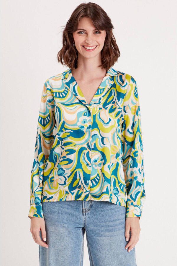 Cache blouse met all over print blauw lichtroze