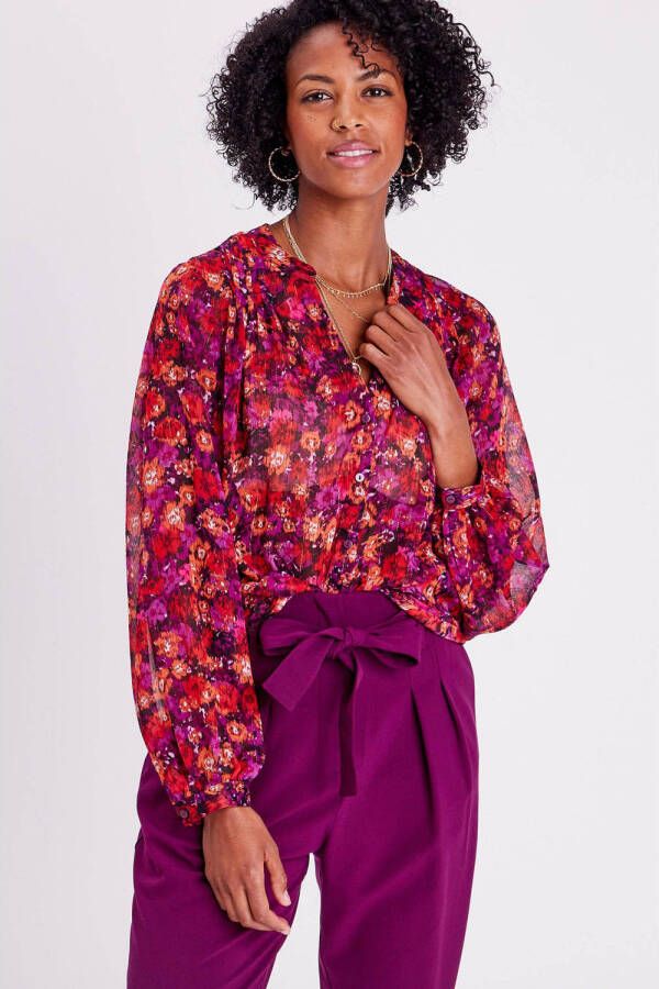 Cache gebloemde blouse fuchsia rood zwart