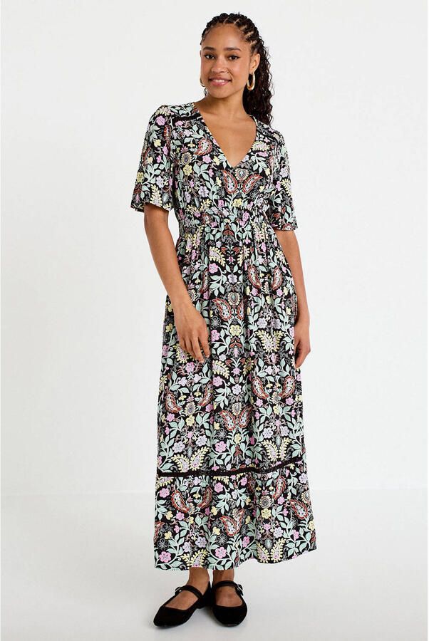 Cache gebloemde bohemian maxi jurk met contrast bies zwart