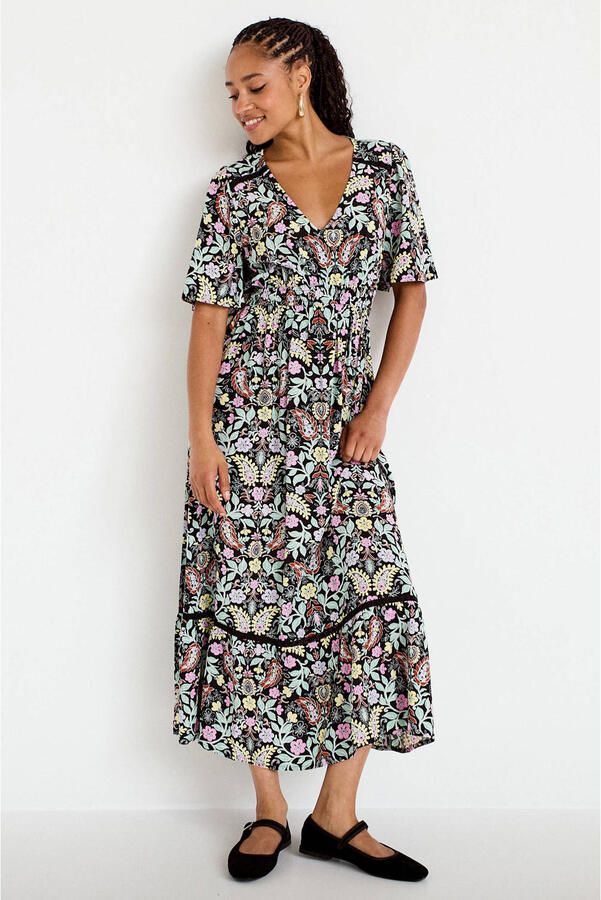 Cache gebloemde bohemian maxi jurk met contrast bies zwart - Foto 3