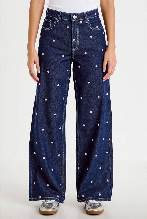 Cache gebloemde wide leg jeans met borduursels donkerblauw