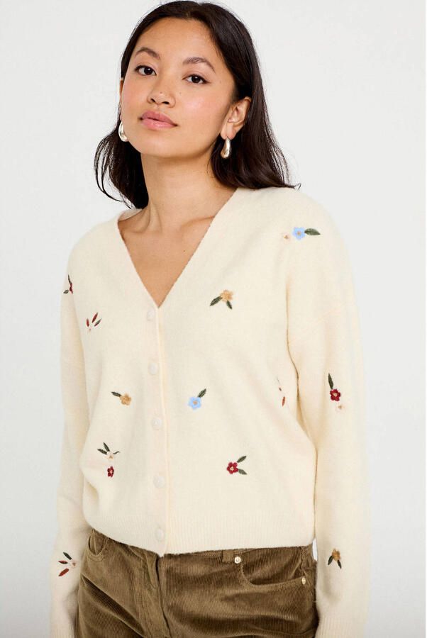 Cache gebreid vest met wol en borduursels zand