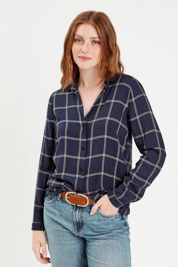 Cache geruite blouse donkerblauw ecru