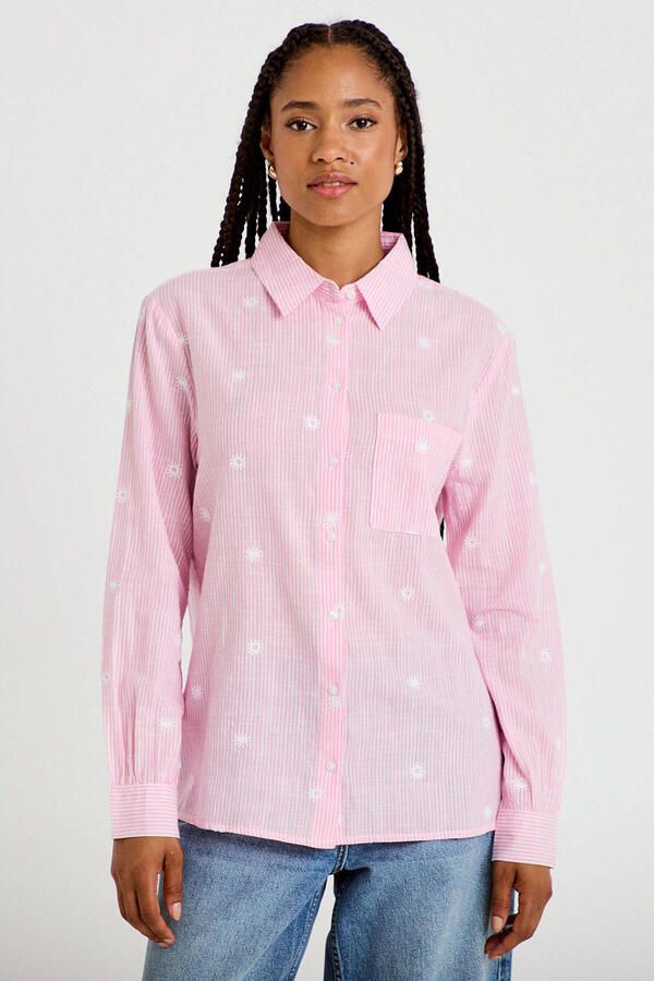 Cache gestreepte blouse met borduursels roze