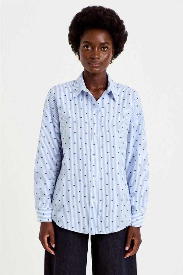 Cache gestreepte blouse met hartjes en borduursels blauw