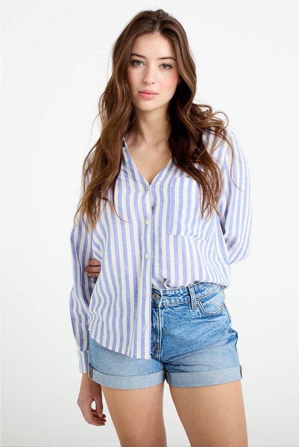 Cache gestreepte blouse met linnen blauw
