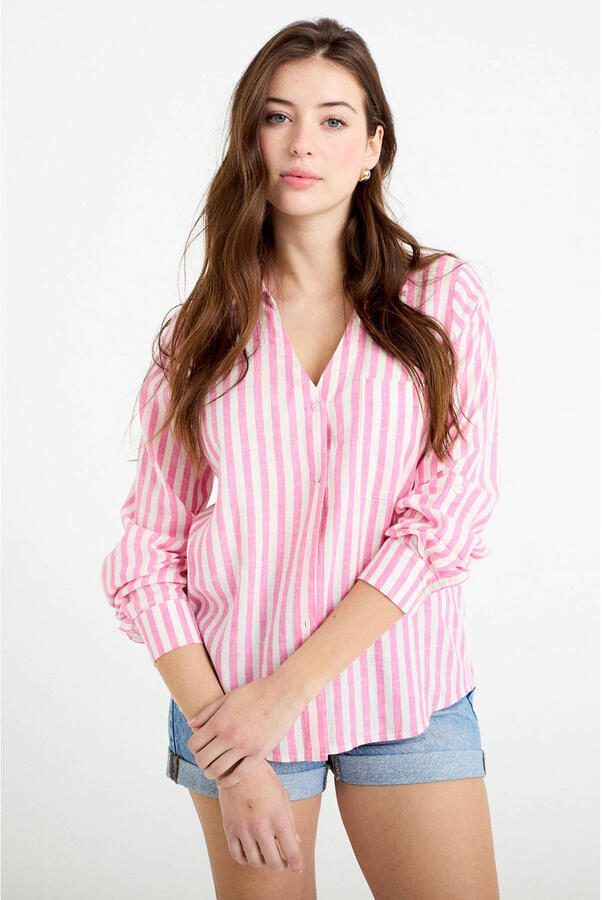 Cache gestreepte blouse met linnen roze