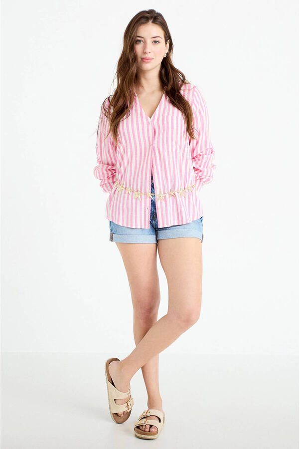 Cache gestreepte blouse met linnen roze - Foto 3