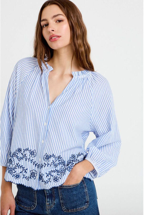 Cache gestreepte blouse met ruches blauw
