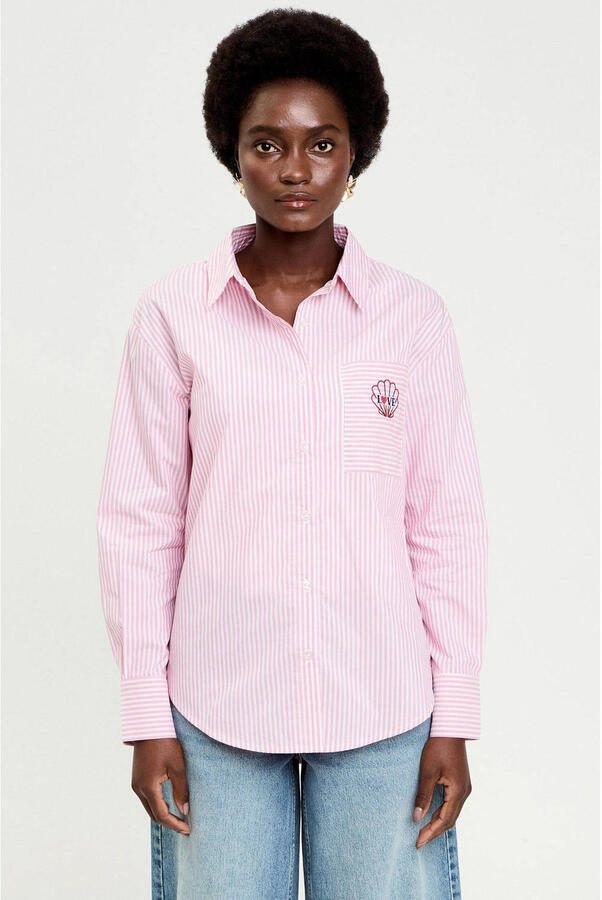Cache gestreepte blouse roze