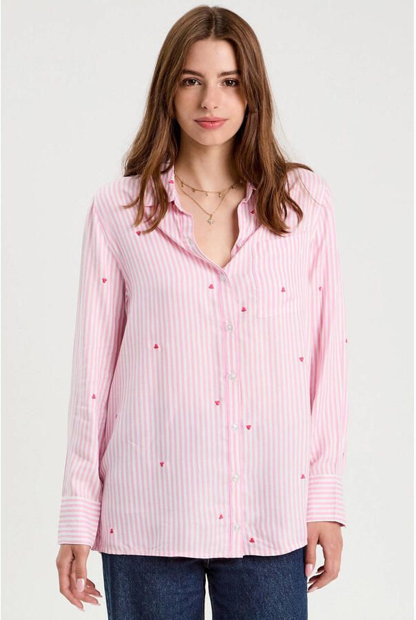 Cache gestreepte blouse roze