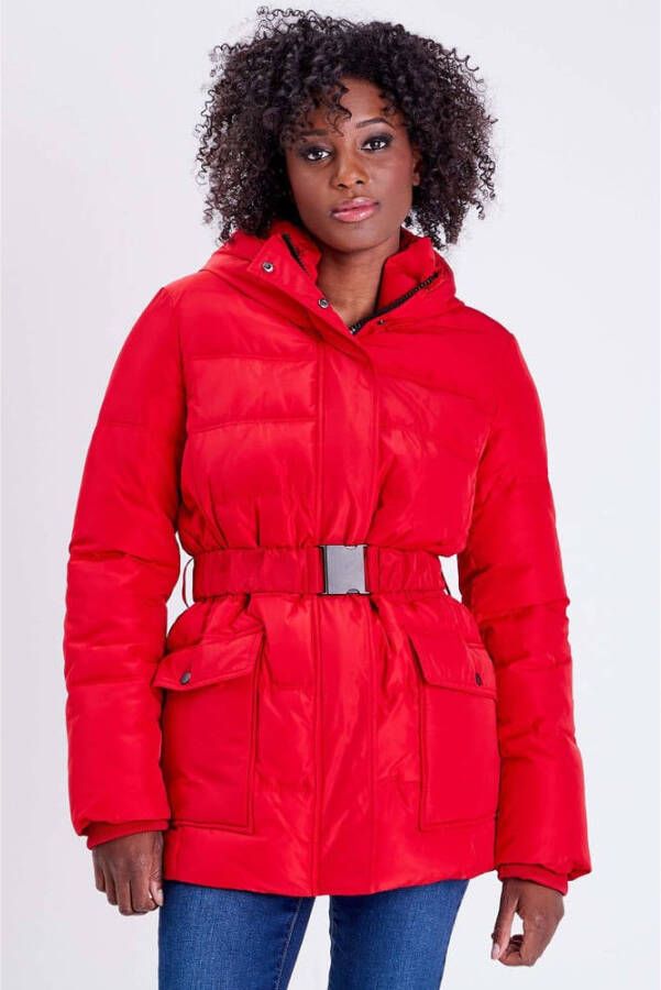 Cache gewatteerde jas met ceintuur rood