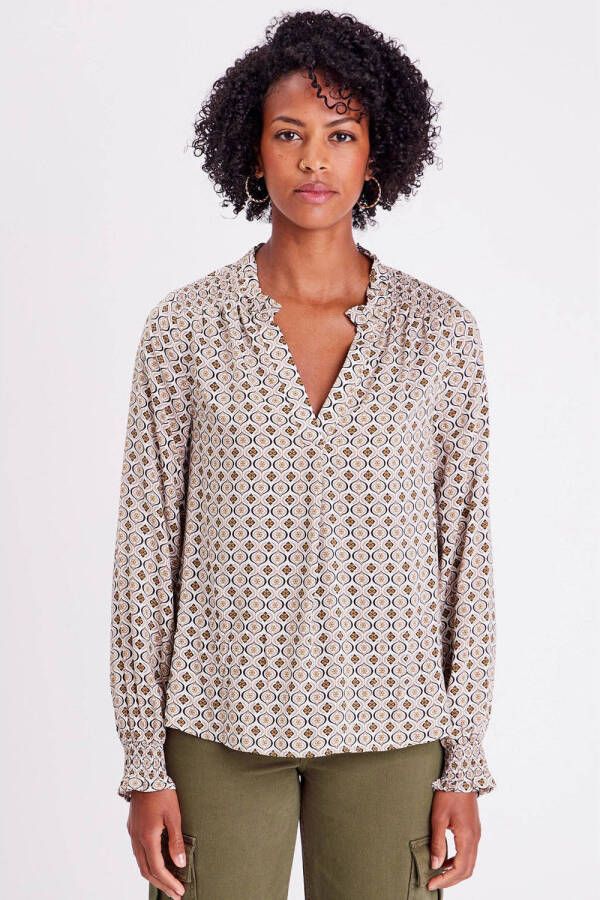 Cache geweven blousetop met all over print en ruches beige bruin