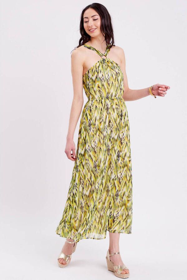 Cache halter maxi jurk met all over print en open detail geel groen