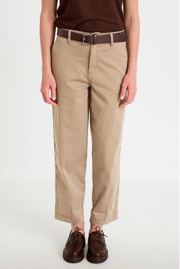 Cache high waist straight leg gestreepte cropped broek beige