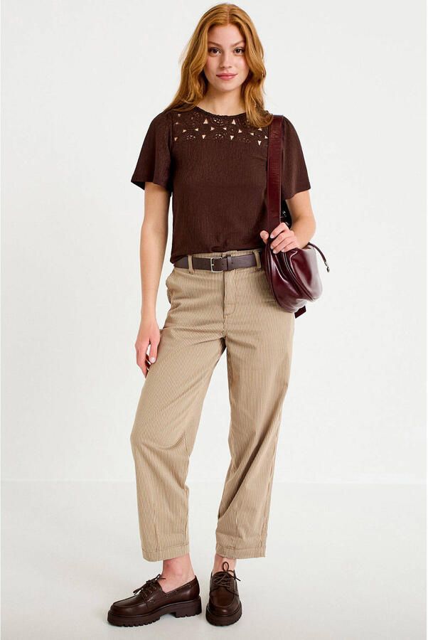 Cache high waist straight leg gestreepte cropped broek beige - Foto 3