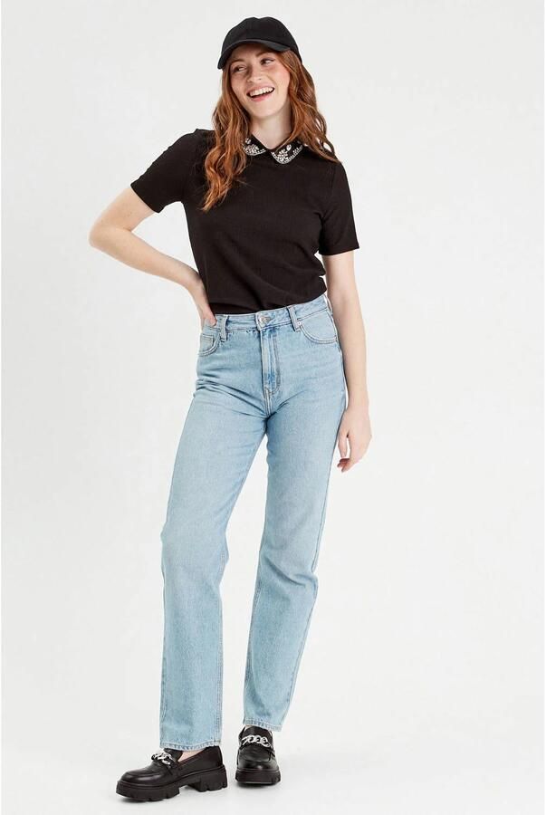 Cache high waist straight leg jeans light blue denim