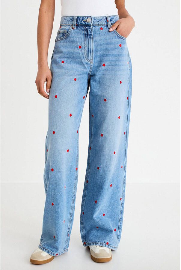 Cache high waist wide leg jeans met borduursels en hartjes mediumblauw